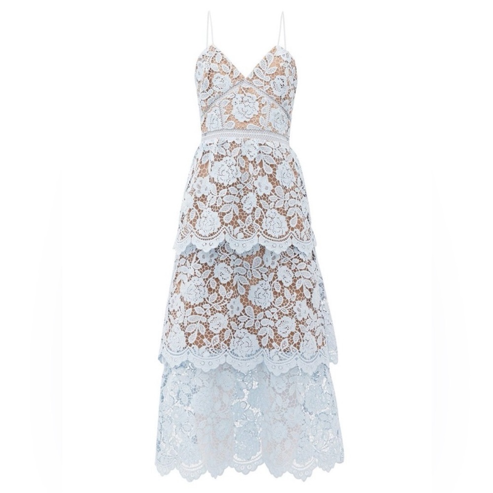 Self-Portrait — Flower Lace
Midi Tiered Dress in Light Blue